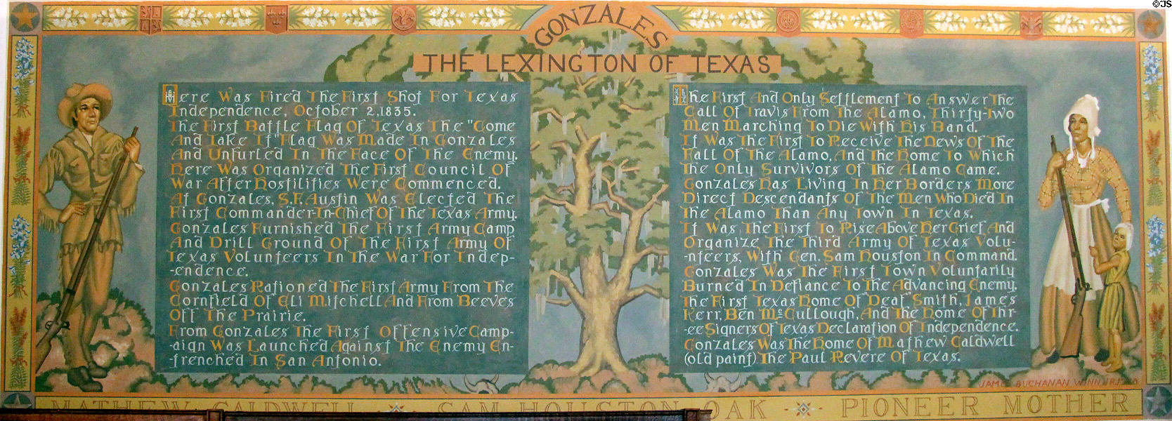 Gonzales the Lexington of Texas mural (1938) by James Buchanan Winn Jr. at Gonzales Historical Memorial. Gonzales, TX.