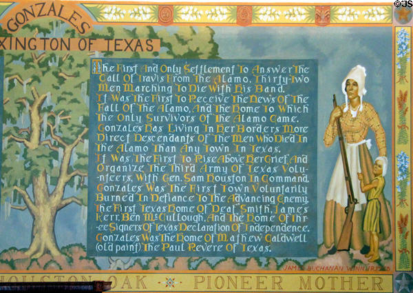 Detail of Gonzales the Lexington of Texas mural (1938) by James Buchanan Winn Jr. at Gonzales Historical Memorial. Gonzales, TX.