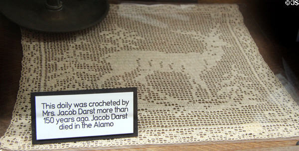 Doily crocheted by Mrs. Jacob Darst whose husband died in the Alamo at Gonzales Historical Memorial. Gonzales, TX.