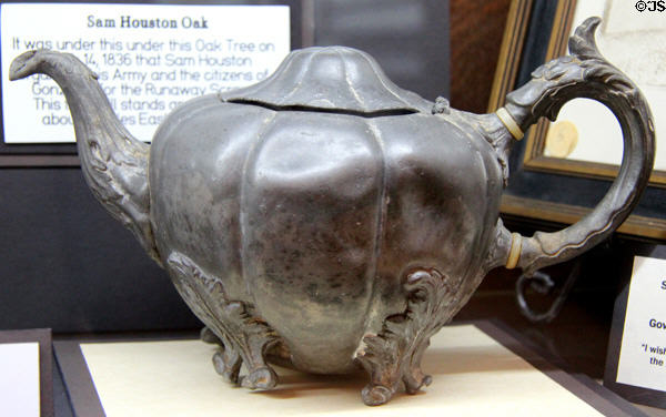 Metal teapot carried on Runaway Scrape1836 by Texas settlers Elizabeth & Eli Mitchell at Gonzales Historical Memorial. Gonzales, TX.