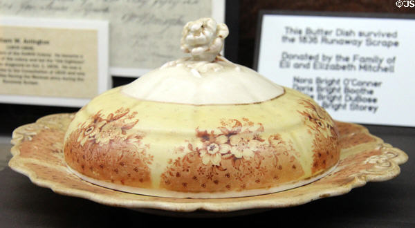 Ceramic covered serving dish which survived Texas Revolution at Gonzales Historical Memorial. Gonzales, TX.