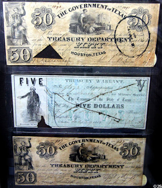Government of Texas currency (1838 & 1862) at Gonzales Historical Memorial. Gonzales, TX.