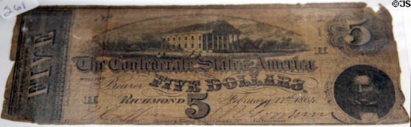 Confederate $5 bill (c1862) at Gonzales Historical Memorial. Gonzales, TX.