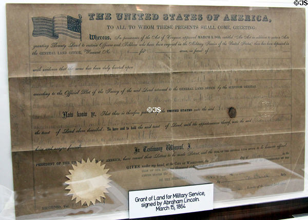 Grant for land in Texas to compensate for military service signed by Abraham Lincoln on March 15, 1864 at Gonzales Historical Memorial. Gonzales, TX.