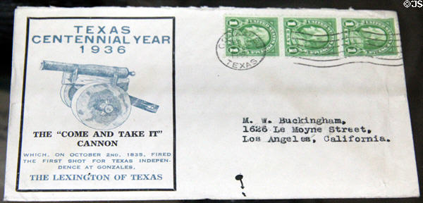 Texas Centennial (1936) envelope at Gonzales Historical Memorial. Gonzales, TX.