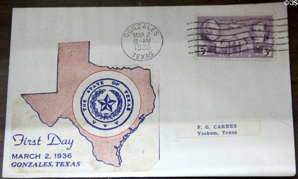 Texas Centennial (1936) Alamo stamp first day of issue envelope at Gonzales Historical Memorial. Gonzales, TX.