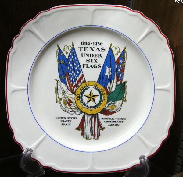 Texas under Six Flags commemorative plate (1936) at Gonzales Historical Memorial. Gonzales, TX.