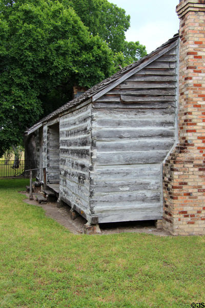 Side view of log Eggleston House, first home built in Gonzales after San Jacinto victory & return from Runaway Scrape. Gonzales, TX.