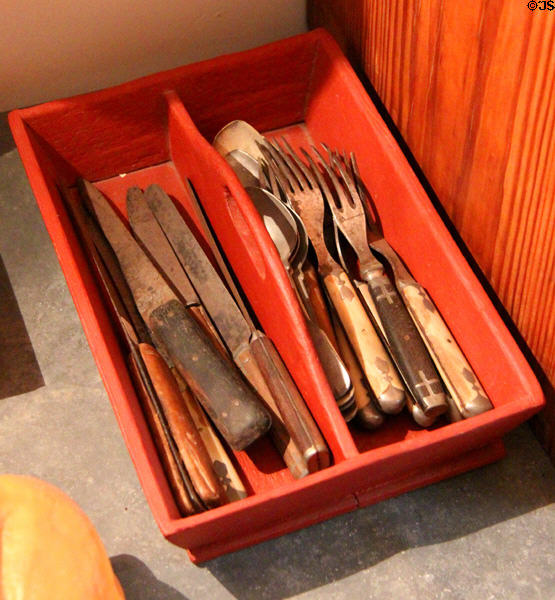 Wooden cutlery holder in Baetge House at Conservation Plaza. New Braunfels, TX.