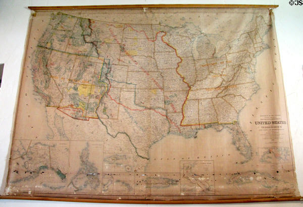 US map (1912) with original Texas boundaries in Church Hill School at Conservation Plaza. New Braunfels, TX.