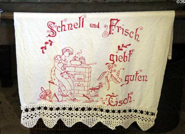 Embroidered & crochet tea towel in Breustedt kitchen at Museum of Texas Handmade Furniture. New Braunfels, TX.