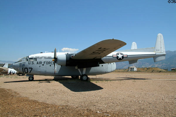 Side view of Fairchild C-119G Flying Boxcar (1954) at Hill Aerospace Museum. UT.