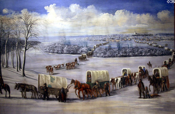 Crossing the Mississippi on the Ice painting (c1865) by C.C.A. Christensen about the forced 1846 winter exodus of Mormons from Nauvoo, Illinois at BYU Museum of Art. Provo, UT.