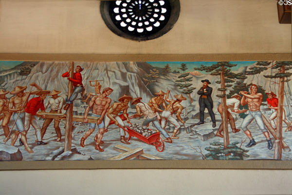 Mural of Chinese workers building Union Pacific Transcontinental Railroad in Ogden Union Station. Ogden, UT.