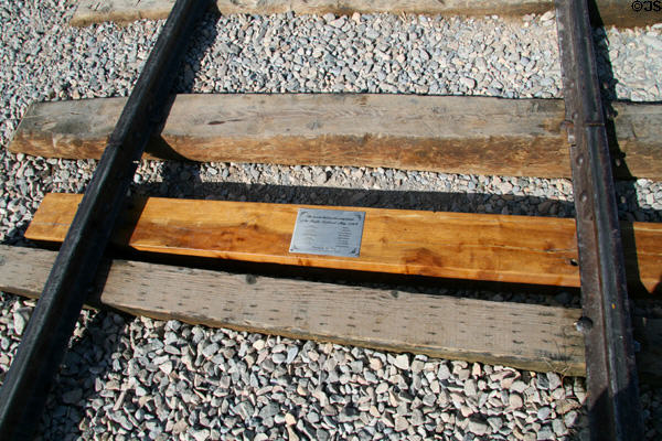 Last rail tie lies under track where Union Pacific & Central Pacific joined to complete Transcontinental Railroad at Promontory Point NHS. UT.