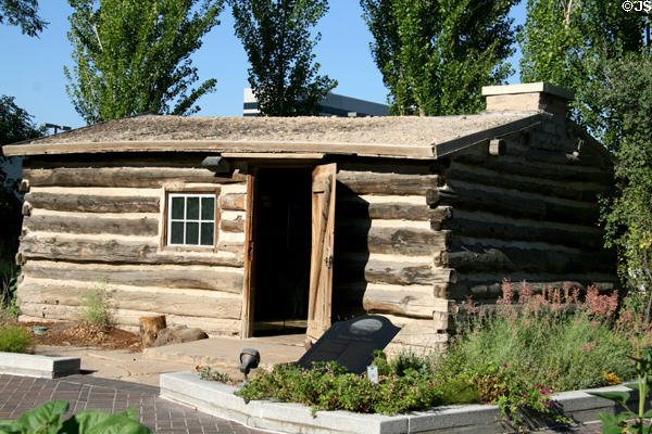 Pioneer log home (1847) in Mormon churches collection since 1912, now displayed beside Mormon Museum. Salt Lake City, UT.