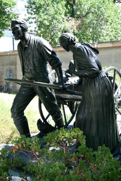 Mormon handcart pioneers depicted in bronze monument. Salt Lake City, UT.