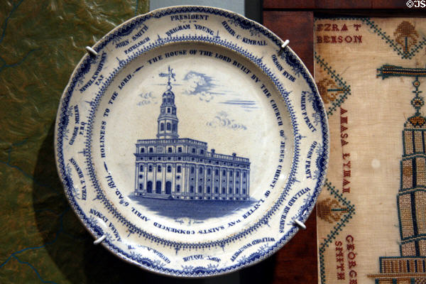 Nauvoo, Illinois Temple commemorative plate by Twigg Pottery Co., Swinton, England at Mormon Museum. Salt Lake City, UT.