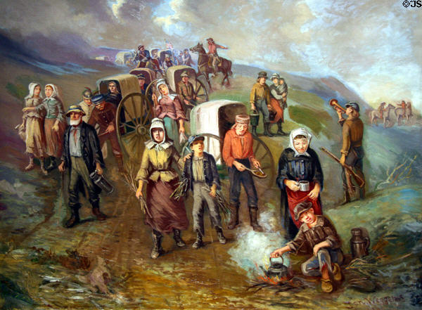 Painting of Handcart Pioneers (1908) by Danquart Anton Weggeland showed poor migrating to Salt Lake at Mormon Museum. Salt Lake City, UT.