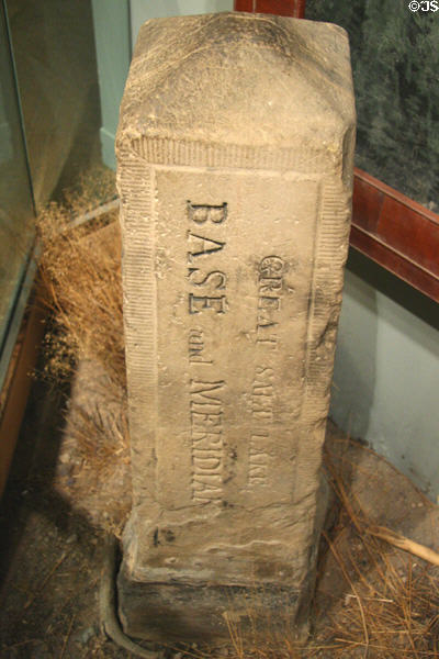 Original of Great Salt Lake Base & Meridian marker stone (1855) in Mormon Museum. Salt Lake City, UT.