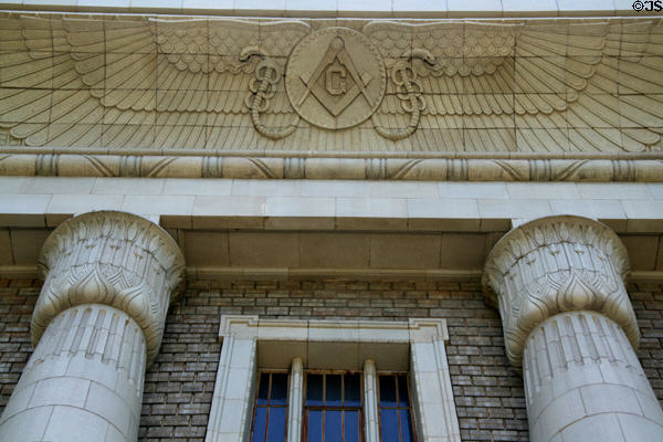 Masonic symbol with vulture wings & vipers atop Masonic Temple. Salt Lake City, UT.