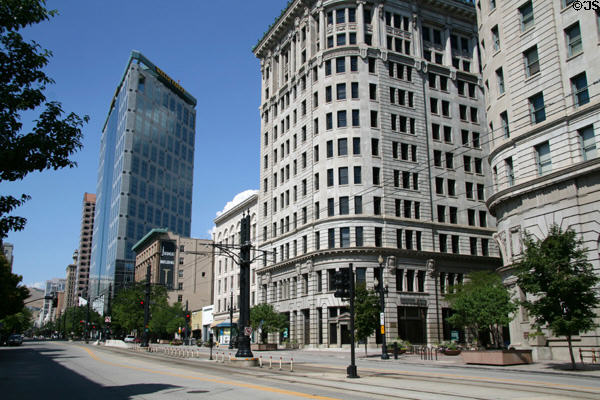Main Street (r-l) view with Newhouse, Boston, Felt, Judge & Wells Fargo buildings. Salt Lake City, UT.