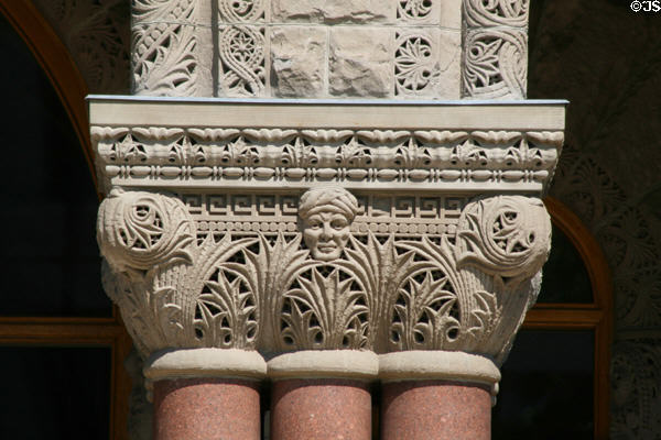Stone carvings on capital column of Salt Lake City & County Building. Salt Lake City, UT.