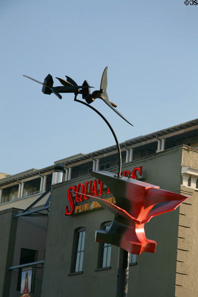 Flying Objects theme art of flying anvil outside Salt Lake Brewing Building. Salt Lake City, UT.