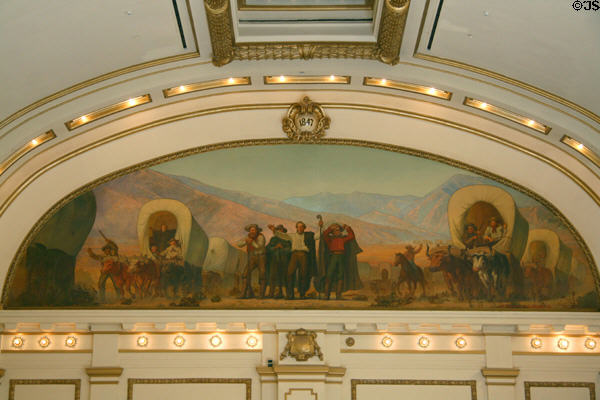 Mural of covered wagons arriving in Utah (1847) at Union Pacific Railroad depot. Salt Lake City, UT.