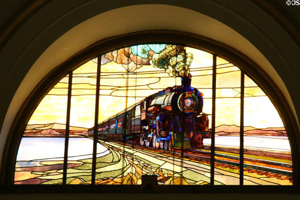 Steam train crossing Great Salt Lake causeway stained glass window at Union Pacific Railroad depot. Salt Lake City, UT.