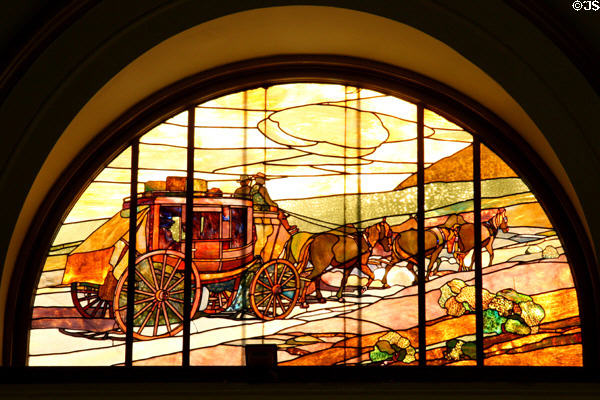 Stage coach stained glass window at Union Pacific Railroad depot. Salt Lake City, UT.