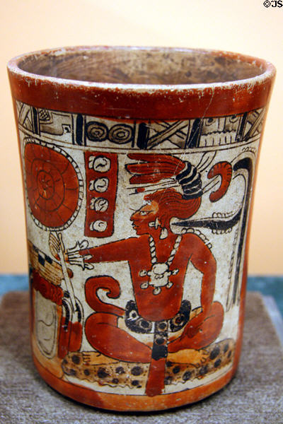 Mayan pottery vase of two young lords (600-900) from Campeche, Mexico at Utah Museum of Fine Art. Salt Lake City, UT.