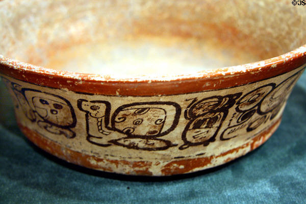 Mayan pottery bowl with glyphs (600-900) from Petén, Guatemala at Utah Museum of Fine Art. Salt Lake City, UT.