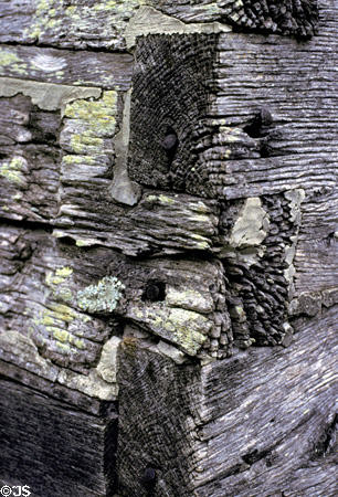 Details of corner of a log building at Sherwood Forest Plantation. VA.