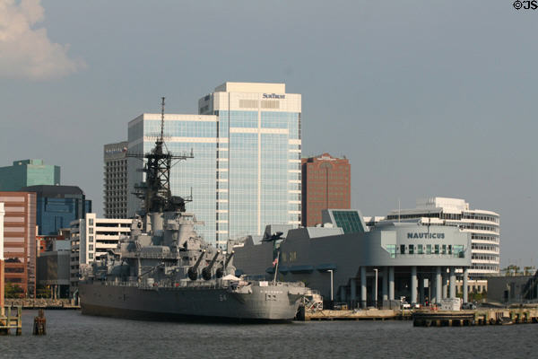 Battleship Wisconsin, Nauticus & skyline of Norfolk. Norfolk, VA.