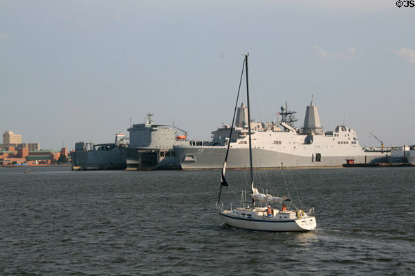 Cape Race navy cargo ship, USS Carter Hall (LSD-50) & USS San Antonio (LPD-17) amphibious transport dock in Norfolk harbor. Norfolk, VA.
