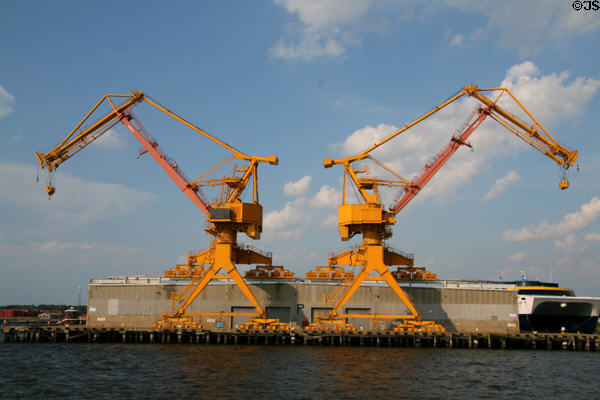 Pair of yellow cranes in Norfolk Harbor. Norfolk, VA.