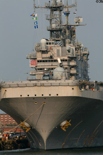Bow of USS Boxer (LHD-4) Wasp-class amphibious assault ship at Naval Station Norfolk. Norfolk, VA.