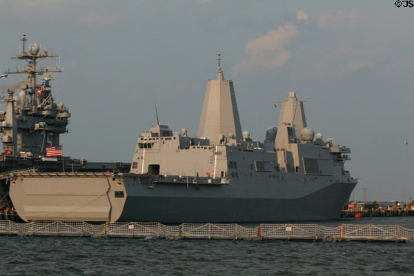 USS Mesa Verde (LPD-19) San Antonio-class amphibious transport dock with stealth design at Naval Station Norfolk. Norfolk, VA.