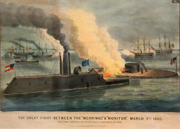 Graphic of "Great Fight between Merrimac & Monitor " (March 9, 1862) by F. Newman for Currier & Ives at Norfolk History Museum. Norfolk, VA.