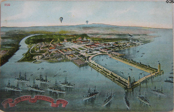 Jamestown Exposition (1907) postcard of birds-eye view of Exposition at Moses Myers House museum. Norfolk, VA.