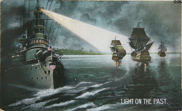 Jamestown Exposition (1907) postcard of Light of the Past with modern U.S. naval ship putting searchlight on sailing ships of Jamestown settlers at Moses Myers House museum. Norfolk, VA.