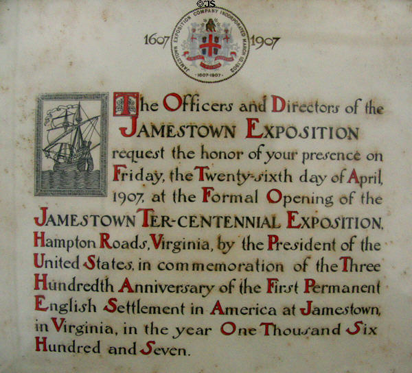 Jamestown Exposition invitation to formal opening (April 26, 1907) at Moses Myers House museum. Norfolk, VA.