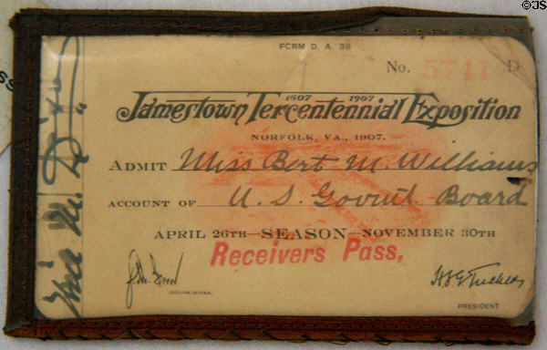 Season pass for Jamestown Exposition (1907) at Moses Myers House museum. Norfolk, VA.