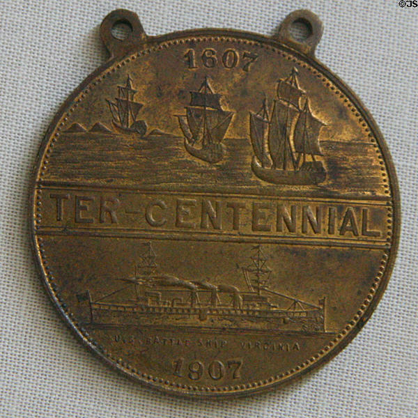 Souvenir medal with Jamestown settlers' ships & Battleship USS Virginia from Jamestown Exposition (1907) at Moses Myers House museum. Norfolk, VA.