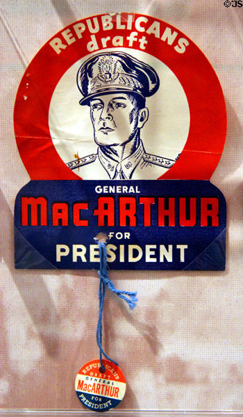 Button to draft MacArthur as Republican candidate for President at Douglas MacArthur Memorial. Norfolk, VA.