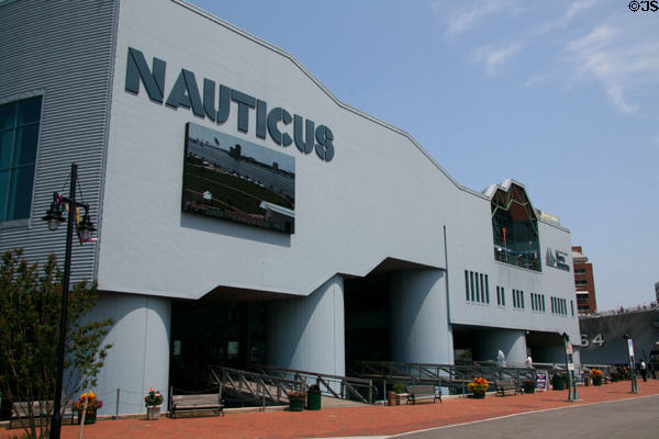 Nauticus, National Maritime Center (1994) hosts the Hampton Roads Naval Museum & Battleship Wisconsin. Norfolk, VA. Architect: Mark Simon.
