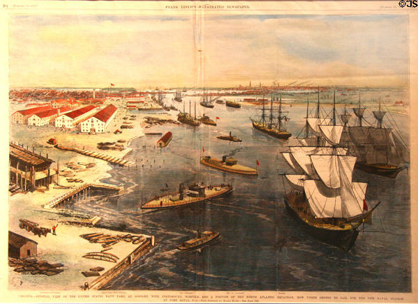 Graphic (1876) view of naval sailing ships & Monitor-type gunships of Portsmouth & Norfolk by Harry Ogden in Frank Leslie's Illustrated Newspaper from Hampton Roads Naval Museum at Nauticus. Norfolk, VA.