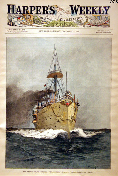 Graphic (1890) of U.S. Cruiser Philadelphia by Cresson Schell in Harper's Weekly from Hampton Roads Naval Museum at Nauticus. Norfolk, VA.