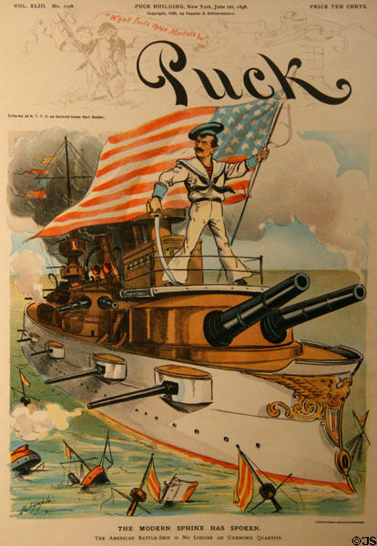 Cartoon (1898) celebrating American Battleships by Holrymple of Keppler & Schwarzmann in Puck from Hampton Roads Naval Museum at Nauticus. Norfolk, VA.
